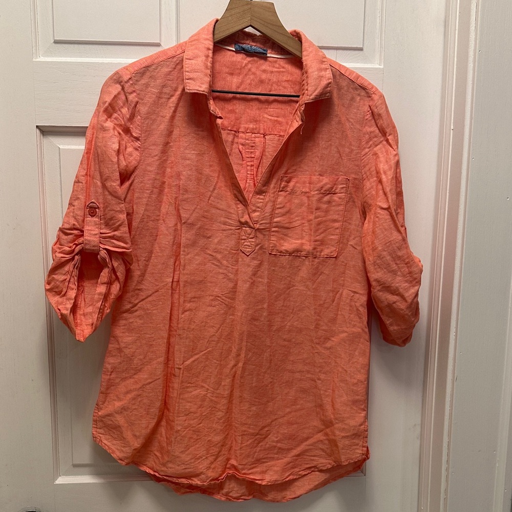 Fleur Bleue Women's Small Coral Linen Cotton Blend Tunic Top w/ Roll Tab Sleeves